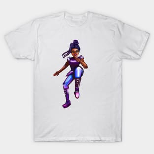 Black anime superhero girl from outer space doing a high knee kick ! beautiful  black girl with Afro hair, brown eyes, Cherry pink lips and dark brown skin. Hair love ! T-Shirt